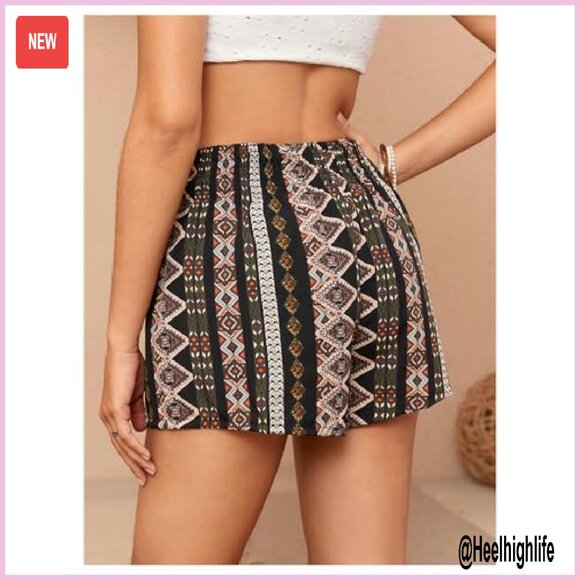 Women's Elastic Waist Tribal Print Beach Shorts Summer Casual - Picture 3 of 7